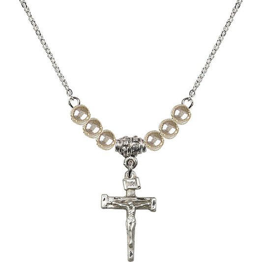 Sterling Silver Nail Crucifix Birthstone Necklace with Faux-Pearl Beads - 0072