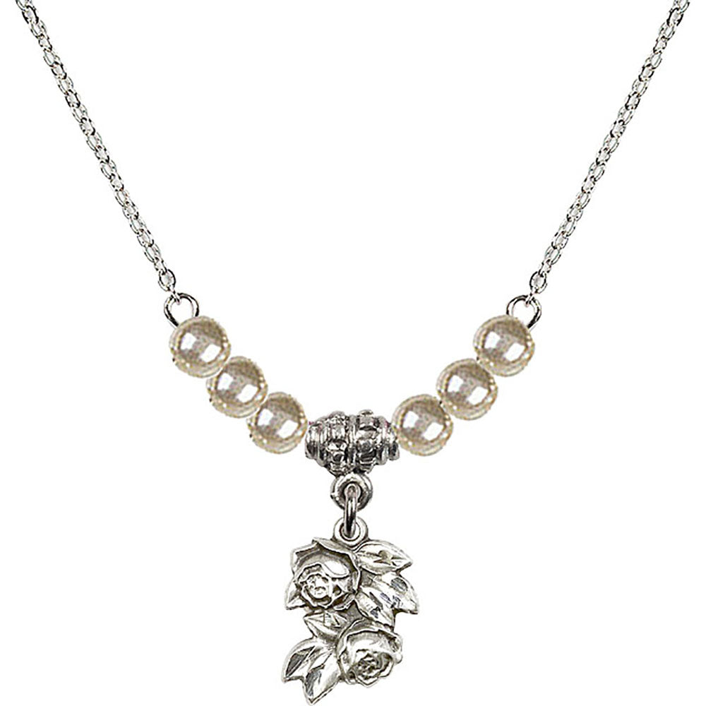 Sterling Silver Rose Birthstone Necklace with Faux-Pearl Beads - 0204