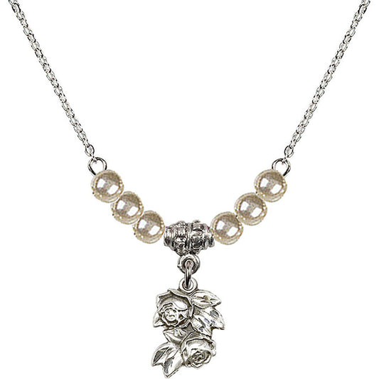 Sterling Silver Rose Birthstone Necklace with Faux-Pearl Beads - 0204