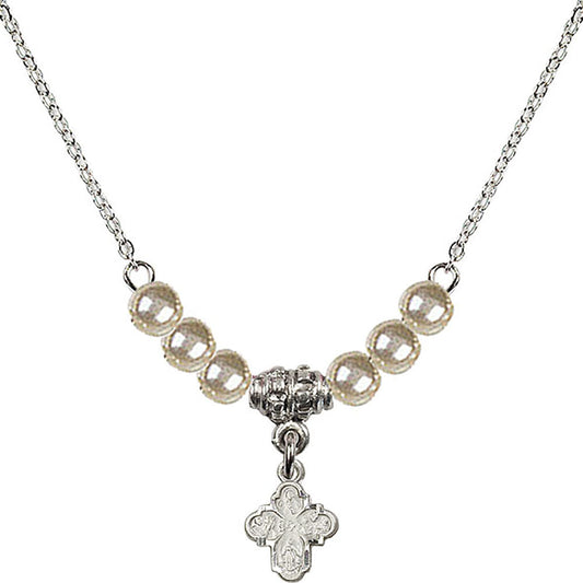 Sterling Silver 4-Way Birthstone Necklace with Faux-Pearl Beads - 0207