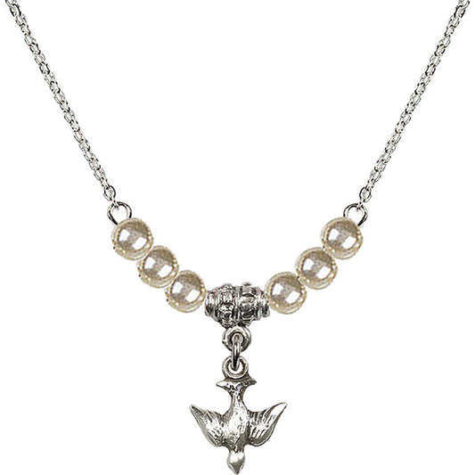 Sterling Silver Holy Spirit Birthstone Necklace with Faux-Pearl Beads - 0208
