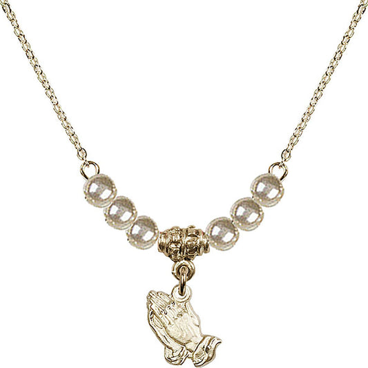 14kt Gold Filled Praying Hands Birthstone Necklace with Faux-Pearl Beads - 0220