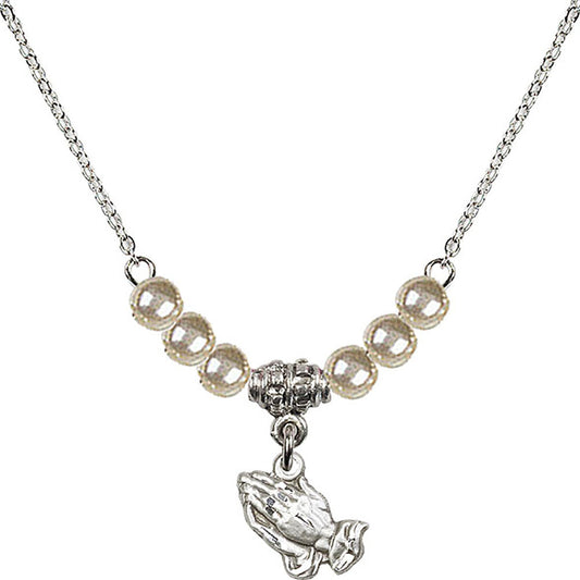 Sterling Silver Praying Hands Birthstone Necklace with Faux-Pearl Beads - 0220