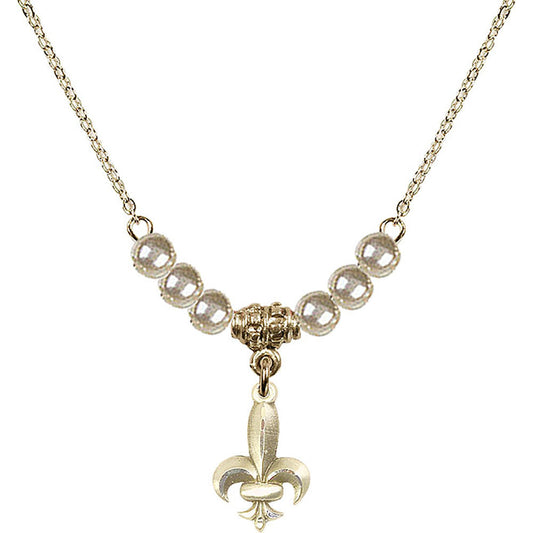 14kt Gold Filled Fleur de Lis Birthstone Necklace with Faux-Pearl Beads - 0293