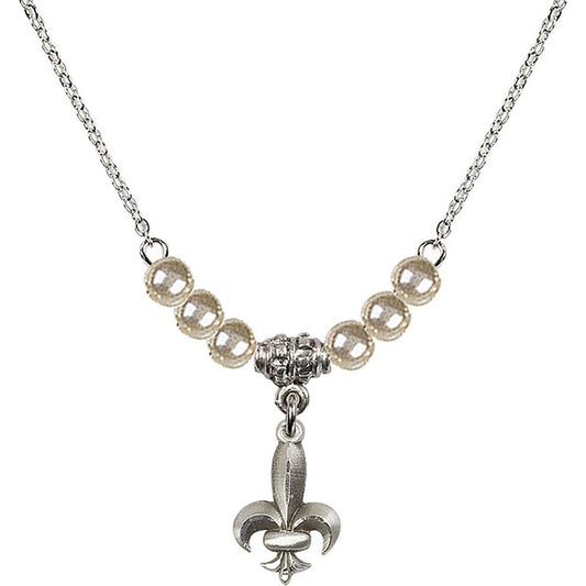 Sterling Silver Fleur de Lis Birthstone Necklace with Faux-Pearl Beads - 0293
