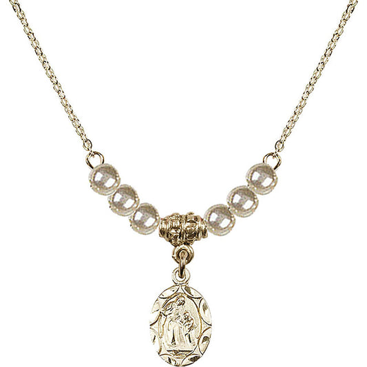 14kt Gold Filled Saint Ann Birthstone Necklace with Faux-Pearl Beads - 0301