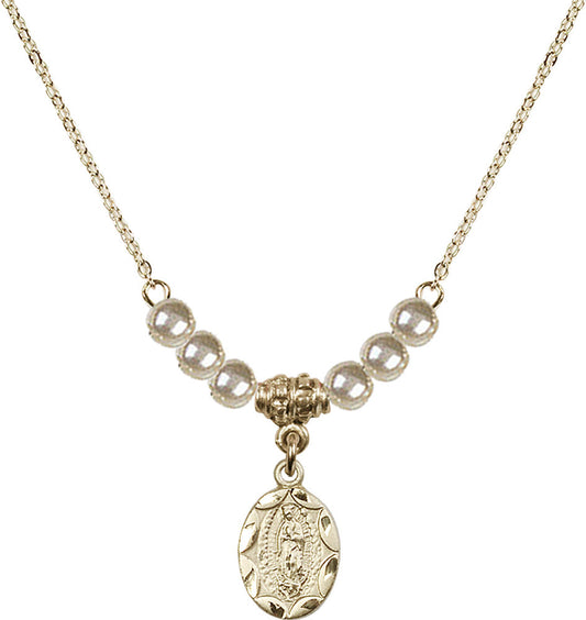 14kt Gold Filled Our Lady of Guadalupe Birthstone Necklace with Faux-Pearl Beads - 0301