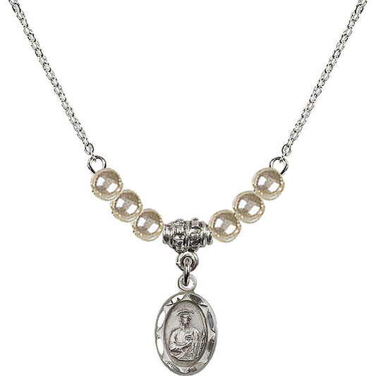 Sterling Silver Saint Jude Birthstone Necklace with Faux-Pearl Beads - 0301