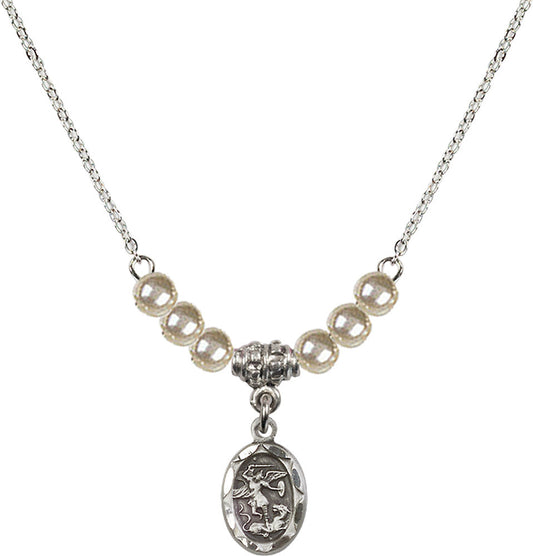 Sterling Silver Saint Michael the Archangel Birthstone Necklace with Faux-Pearl Beads - 0301