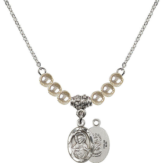 Sterling Silver Scapular Birthstone Necklace with Faux-Pearl Beads - 0301