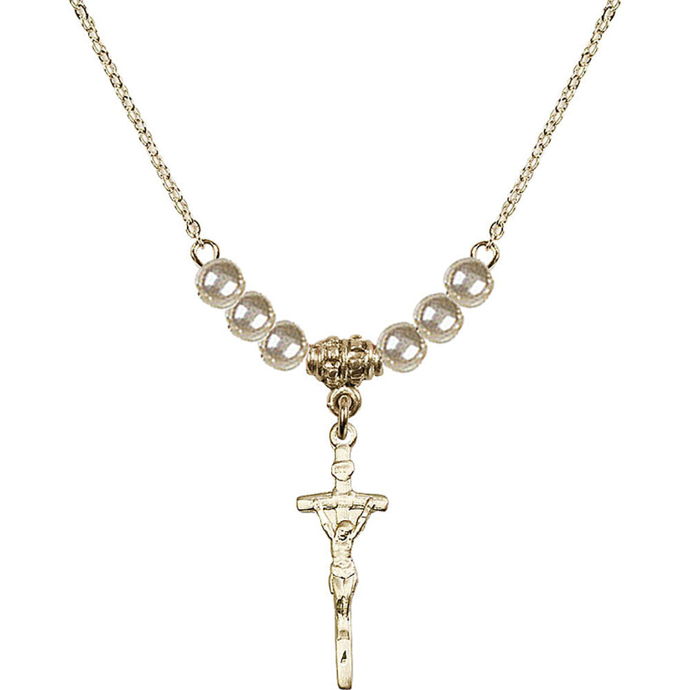 14kt Gold Filled Papal Crucifix Birthstone Necklace with Faux-Pearl Beads - 0563