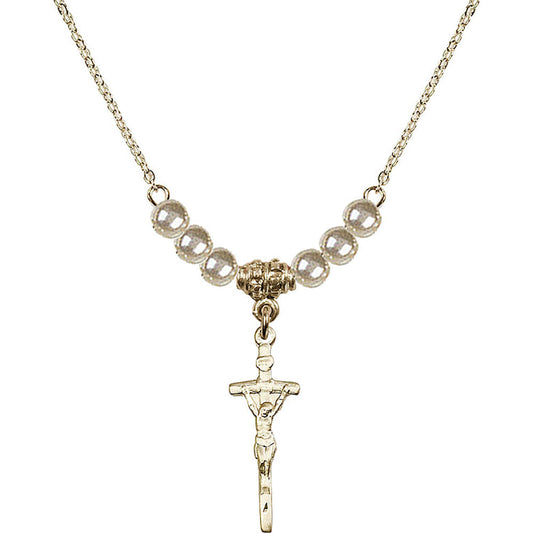 14kt Gold Filled Papal Crucifix Birthstone Necklace with Faux-Pearl Beads - 0563