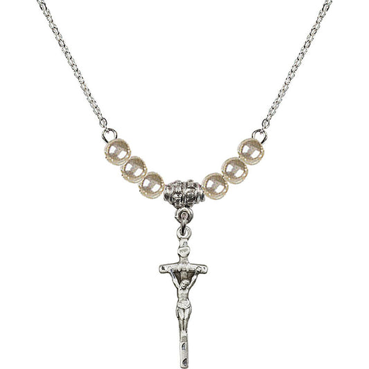 Sterling Silver Papal Crucifix Birthstone Necklace with Faux-Pearl Beads - 0563