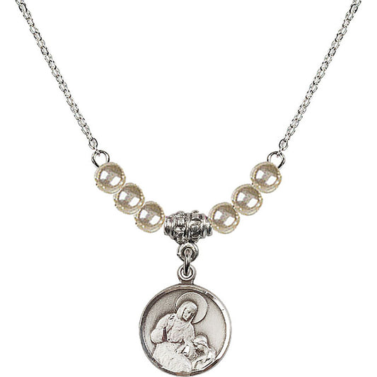 Sterling Silver Saint Ann Birthstone Necklace with Faux-Pearl Beads - 0601