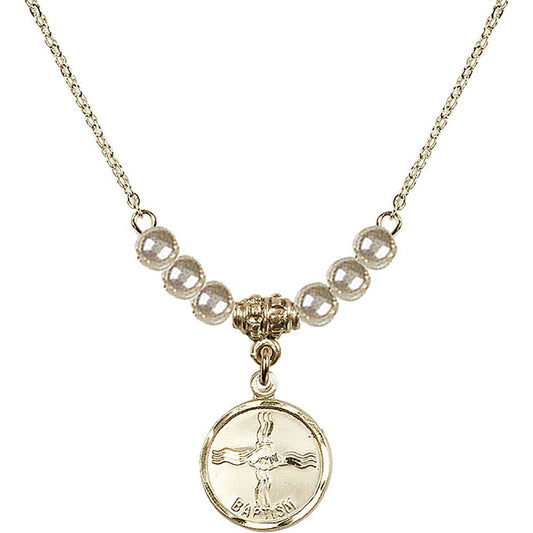 14kt Gold Filled Baptism Birthstone Necklace with Faux-Pearl Beads - 0601