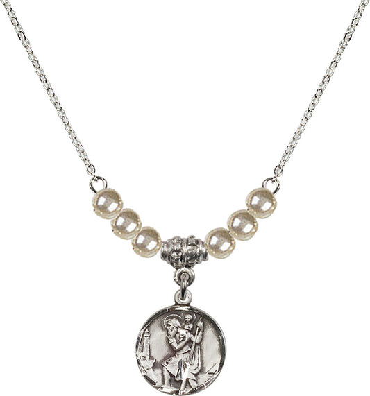 Sterling Silver Saint Christopher Birthstone Necklace with Faux-Pearl Beads - 0601
