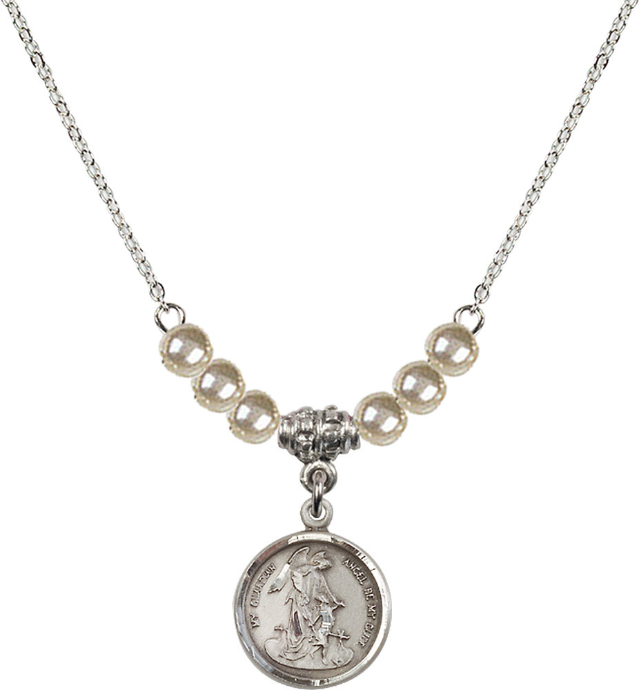 Sterling Silver Guardian Angel Birthstone Necklace with Faux-Pearl Beads - 0601