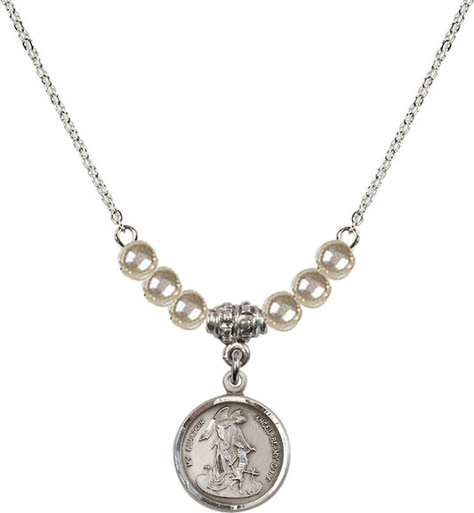 Sterling Silver Guardian Angel Birthstone Necklace with Faux-Pearl Beads - 0601