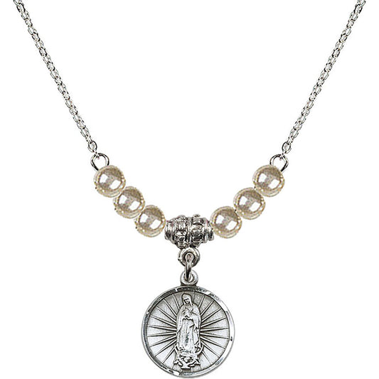 Sterling Silver Our Lady of Guadalupe Birthstone Necklace with Faux-Pearl Beads - 0601