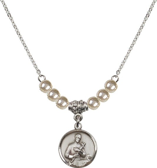 Sterling Silver Saint Gerard Birthstone Necklace with Faux-Pearl Beads - 0601