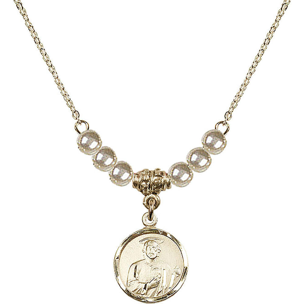 14kt Gold Filled Saint Jude Birthstone Necklace with Faux-Pearl Beads - 0601