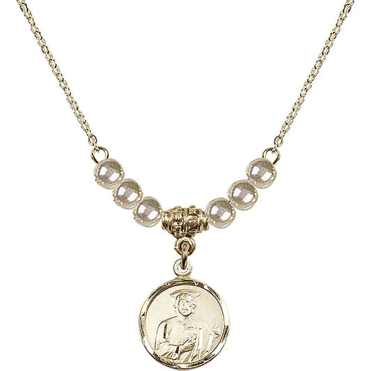 14kt Gold Filled Saint Jude Birthstone Necklace with Faux-Pearl Beads - 0601