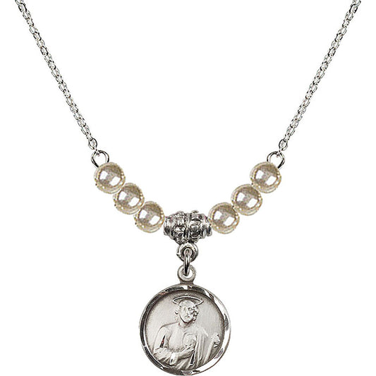 Sterling Silver Saint Jude Birthstone Necklace with Faux-Pearl Beads - 0601
