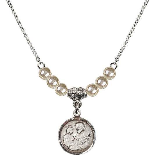 Sterling Silver Saint Joseph Birthstone Necklace with Faux-Pearl Beads - 0601