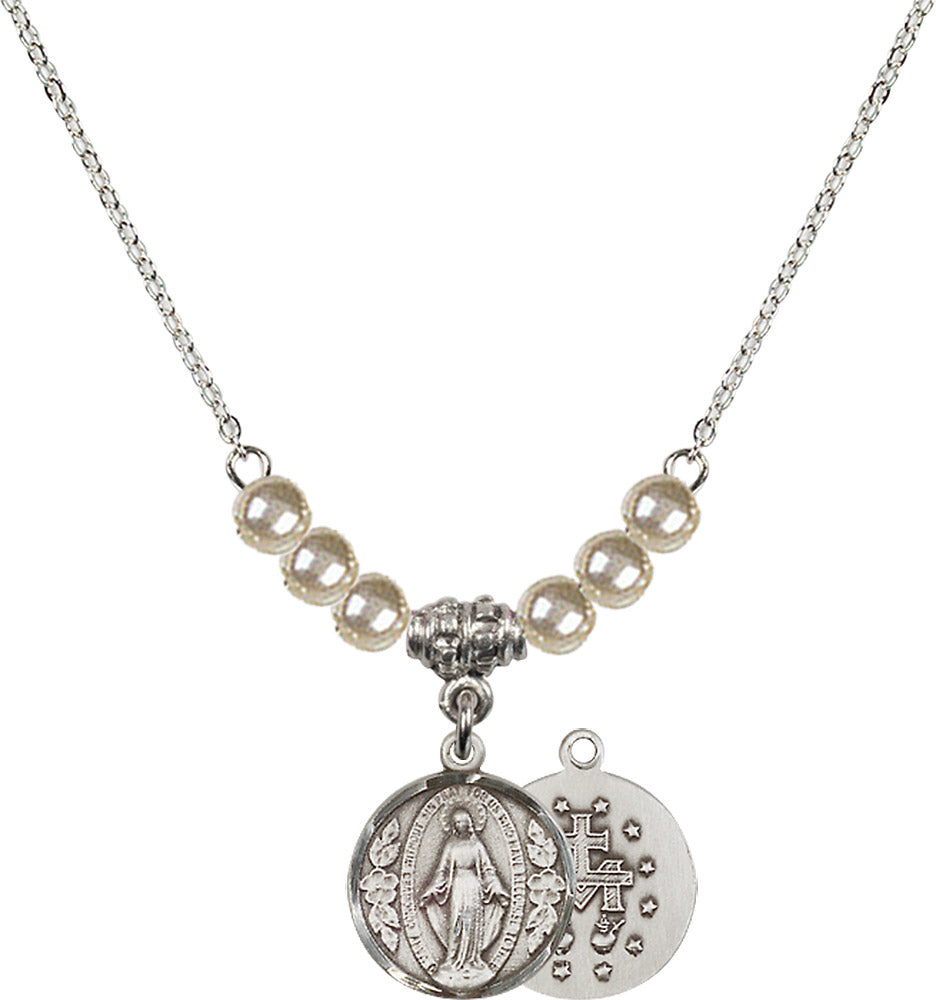 Sterling Silver Miraculous Birthstone Necklace with Faux-Pearl Beads - 0601