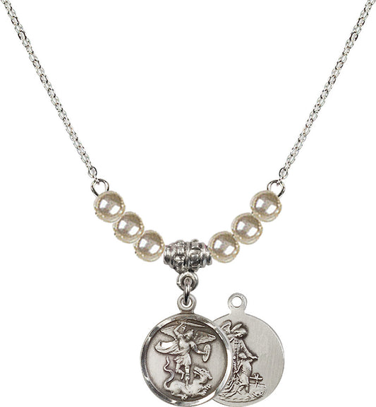 Sterling Silver Saint Michael the Archangel Birthstone Necklace with Faux-Pearl Beads - 0601