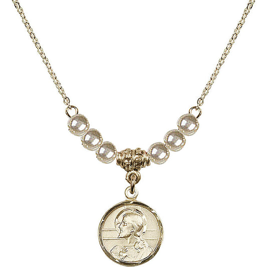 14kt Gold Filled Scapular Birthstone Necklace with Faux-Pearl Beads - 0601