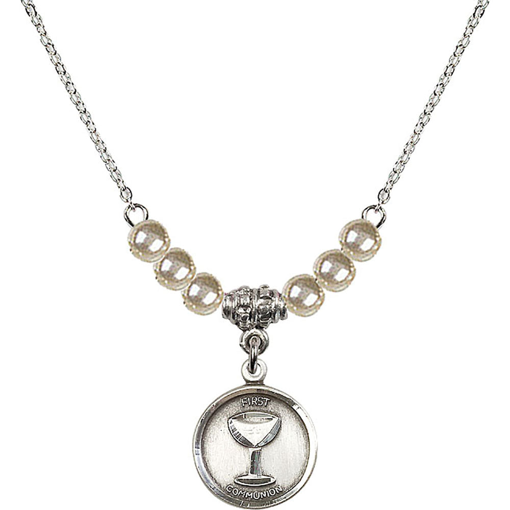Sterling Silver Communion Birthstone Necklace with Faux-Pearl Beads - 0601