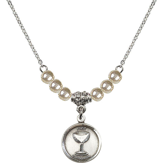 Sterling Silver Communion Birthstone Necklace with Faux-Pearl Beads - 0601