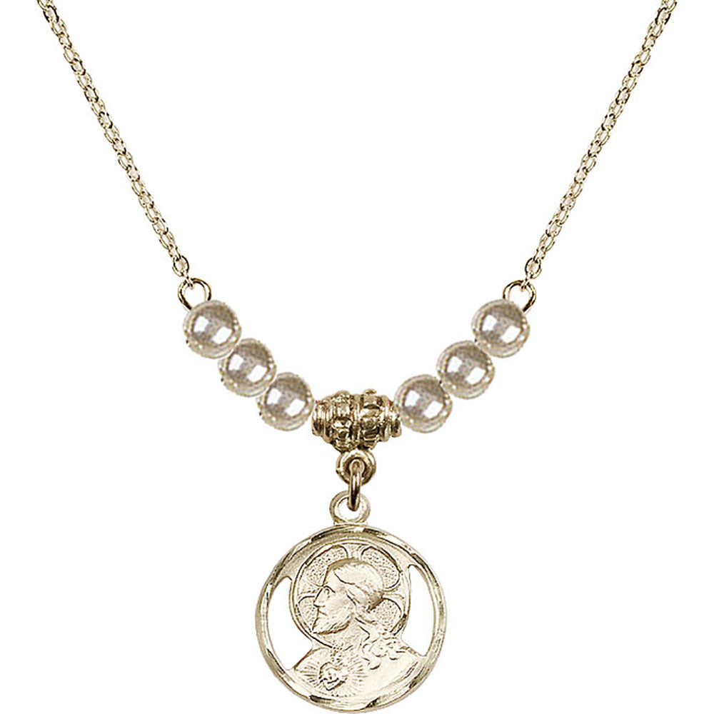 14kt Gold Filled Scapular Birthstone Necklace with Faux-Pearl Beads - 0611