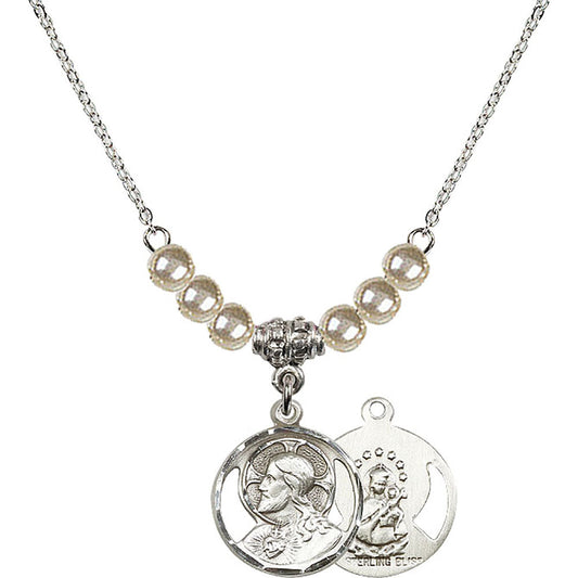 Sterling Silver Scapular Birthstone Necklace with Faux-Pearl Beads - 0611