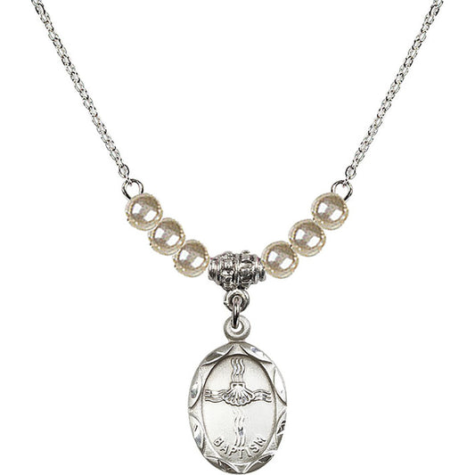Sterling Silver Baptism Birthstone Necklace with Faux-Pearl Beads - 0612