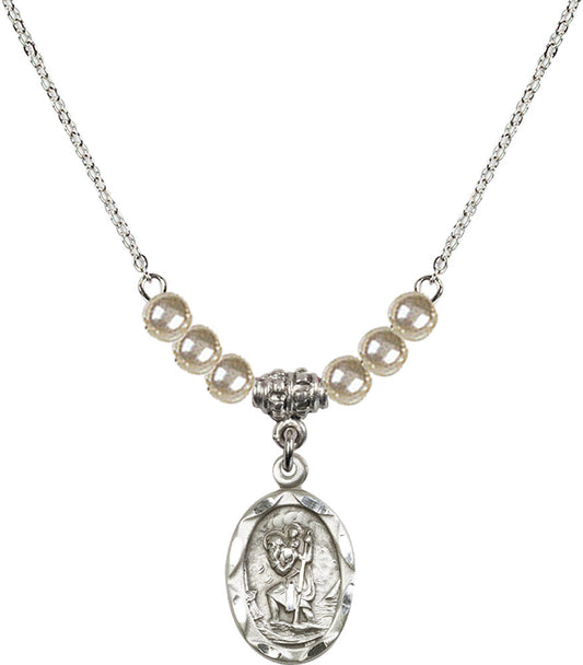 Sterling Silver Saint Christopher Birthstone Necklace with Faux-Pearl Beads - 0612