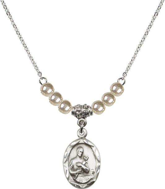 Sterling Silver Saint Gerard Birthstone Necklace with Faux-Pearl Beads - 0612