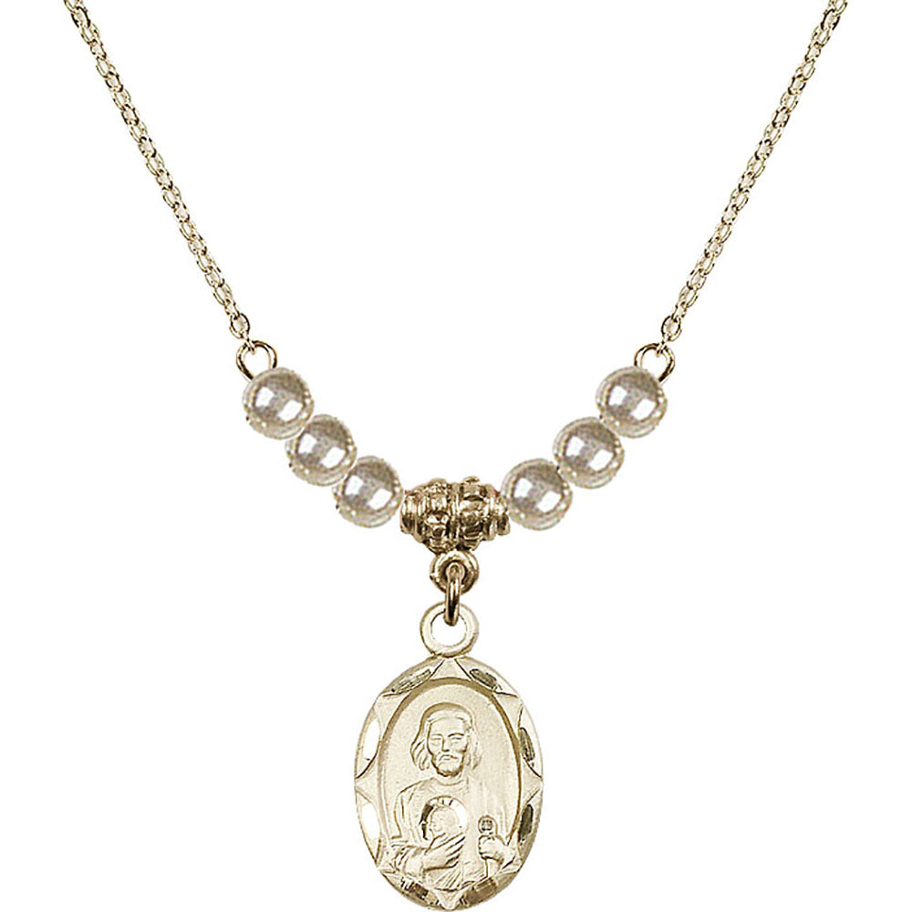 14kt Gold Filled Saint Jude Birthstone Necklace with Faux-Pearl Beads - 0612