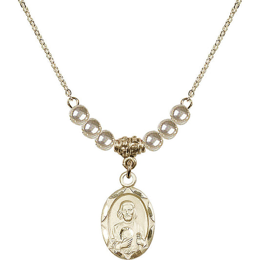 14kt Gold Filled Saint Jude Birthstone Necklace with Faux-Pearl Beads - 0612