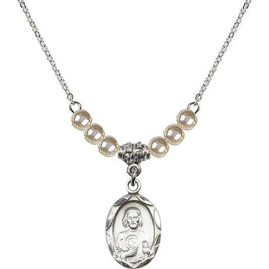 Sterling Silver Saint Jude Birthstone Necklace with Faux-Pearl Beads - 0612