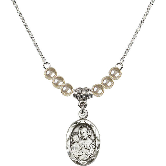 Sterling Silver Saint Joseph Birthstone Necklace with Faux-Pearl Beads - 0612