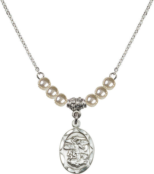 Sterling Silver Saint Michael the Archangel Birthstone Necklace with Faux-Pearl Beads - 0612
