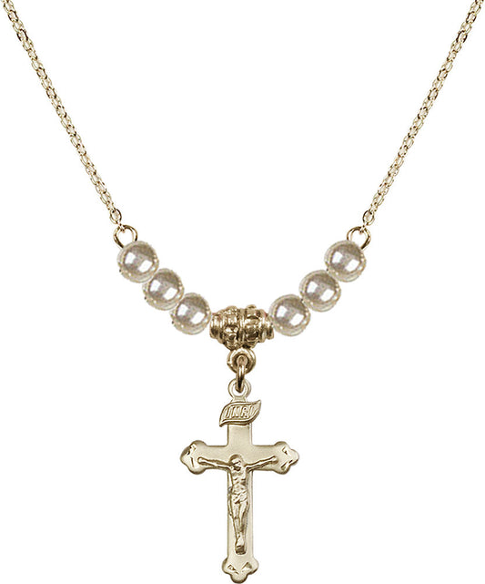 14kt Gold Filled Crucifix Birthstone Necklace with Faux-Pearl Beads - 0669