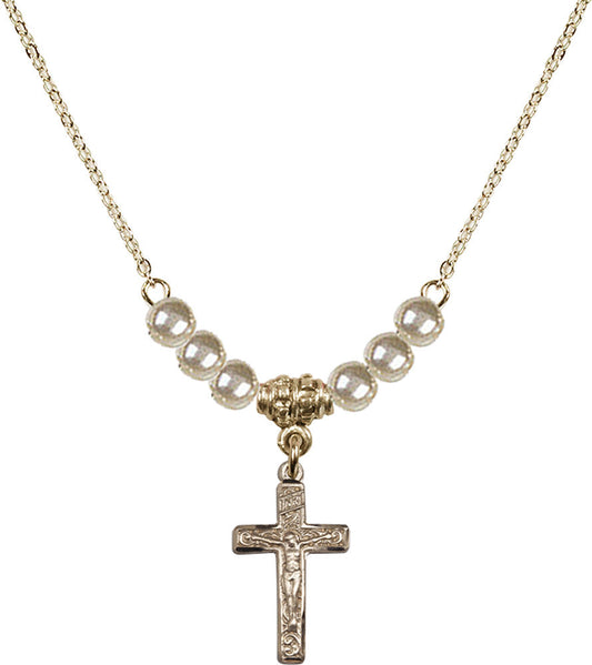 14kt Gold Filled Crucifix Birthstone Necklace with Faux-Pearl Beads - 0672