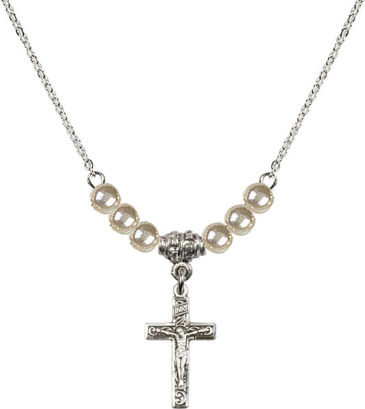 Sterling Silver Crucifix Birthstone Necklace with Faux-Pearl Beads - 0672