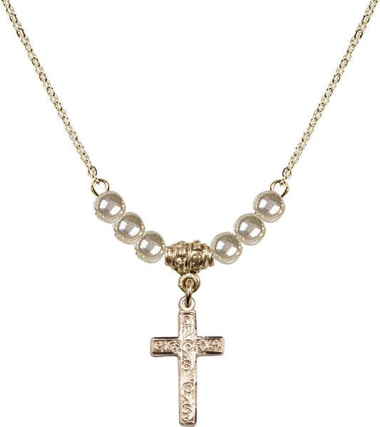 14kt Gold Filled Cross Birthstone Necklace with Faux-Pearl Beads - 0672