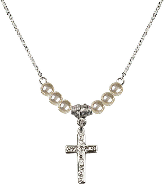 Sterling Silver Cross Birthstone Necklace with Faux-Pearl Beads - 0672