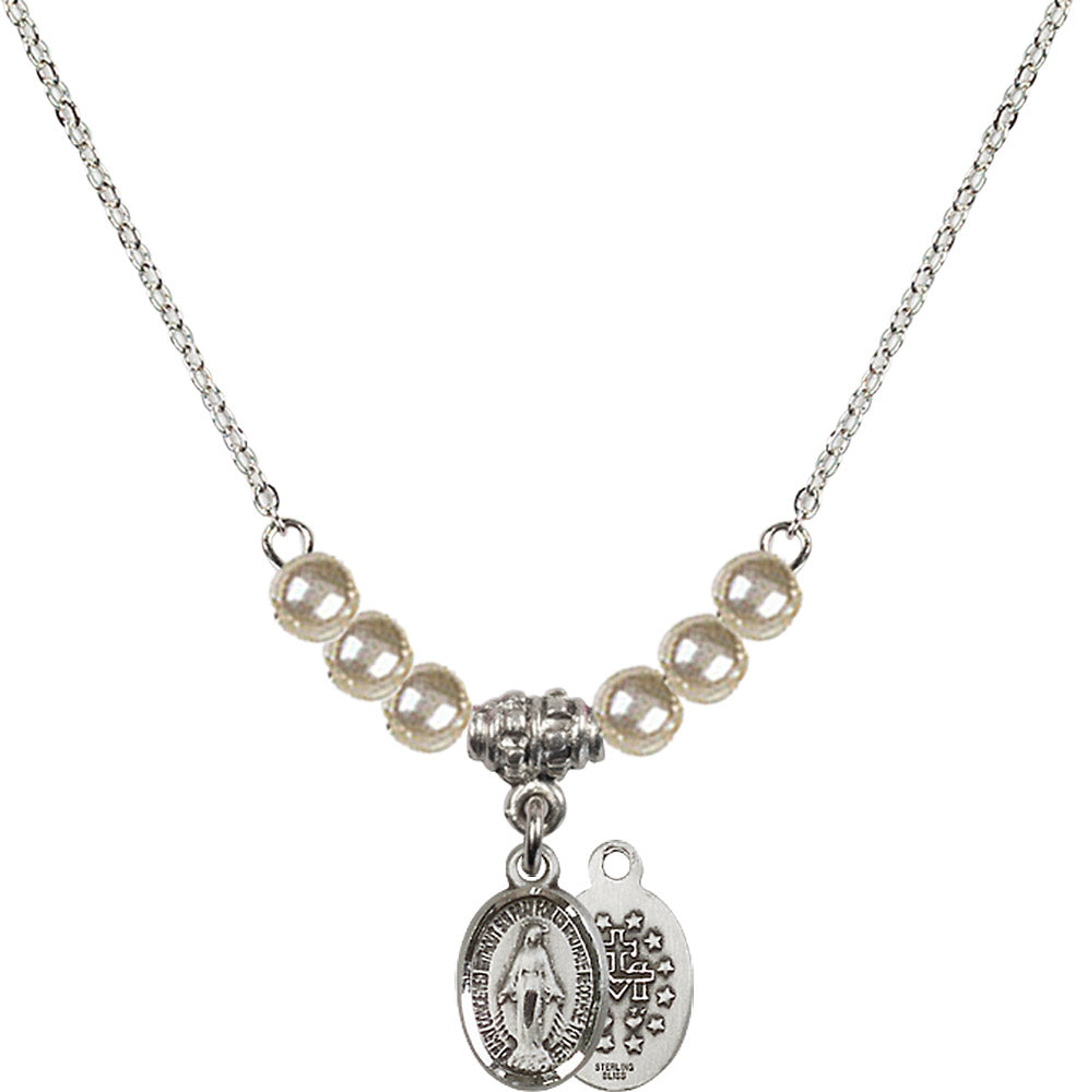 Sterling Silver Miraculous Birthstone Necklace with Faux-Pearl Beads - 0702