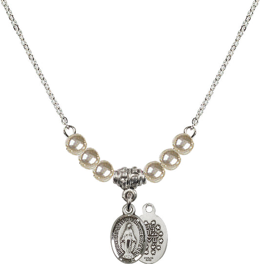 Sterling Silver Miraculous Birthstone Necklace with Faux-Pearl Beads - 0702